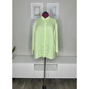 J‎ Jill Love Linen 2X Shirt Women's 100% Linen Button Down Green Long Sleeves